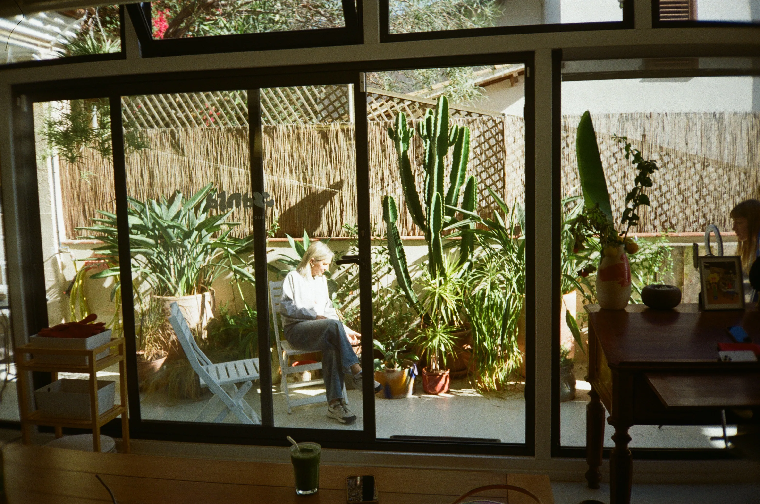 Laura, fundadora del estudio, sentada al sol en el patio de plantas, vista a través de la cristalera con el logo del estudio